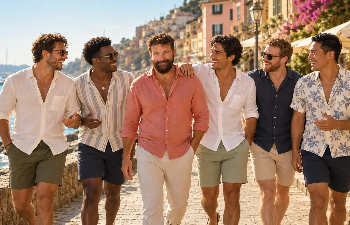 Adult male friends walking together through a sunny seaside town